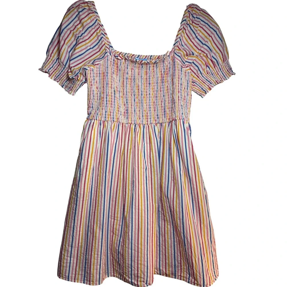 Draper James Womens Striped Smocked Dress Size L‎ Puff Sleeve Square Neck